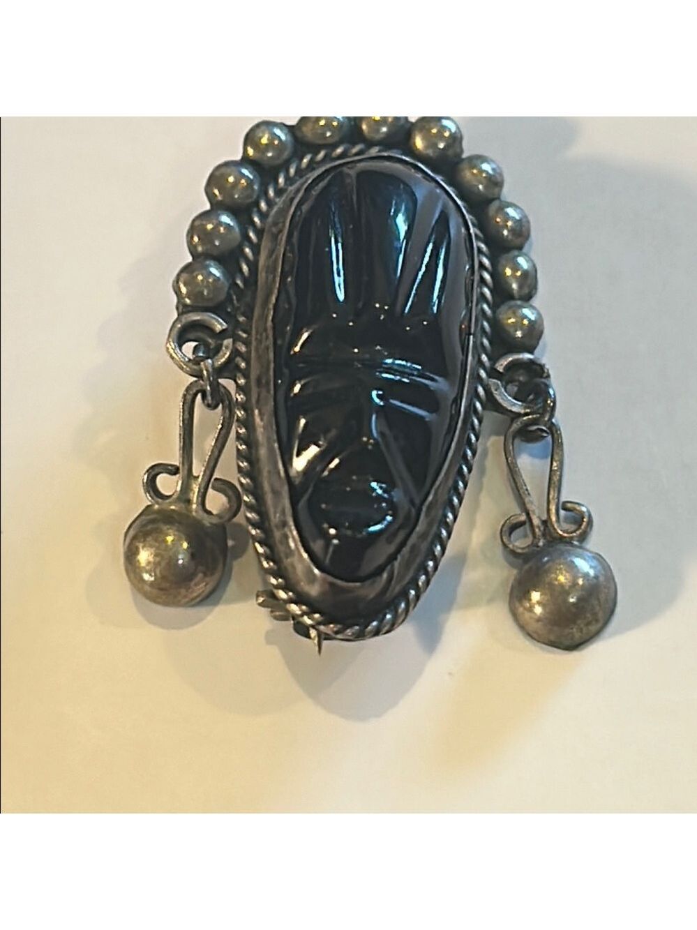 Sterling Silver Black Stone Face brooch from Mexico
